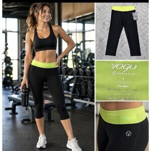 VOGO Athletica Leggings Womens S Black Neon Green Capri Crop Yoga Workout NWT